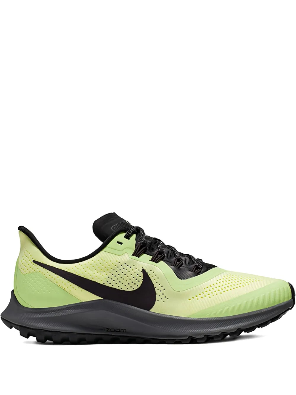 Nike trail running shoe, lime green upper with black Swoosh and rugged outsole