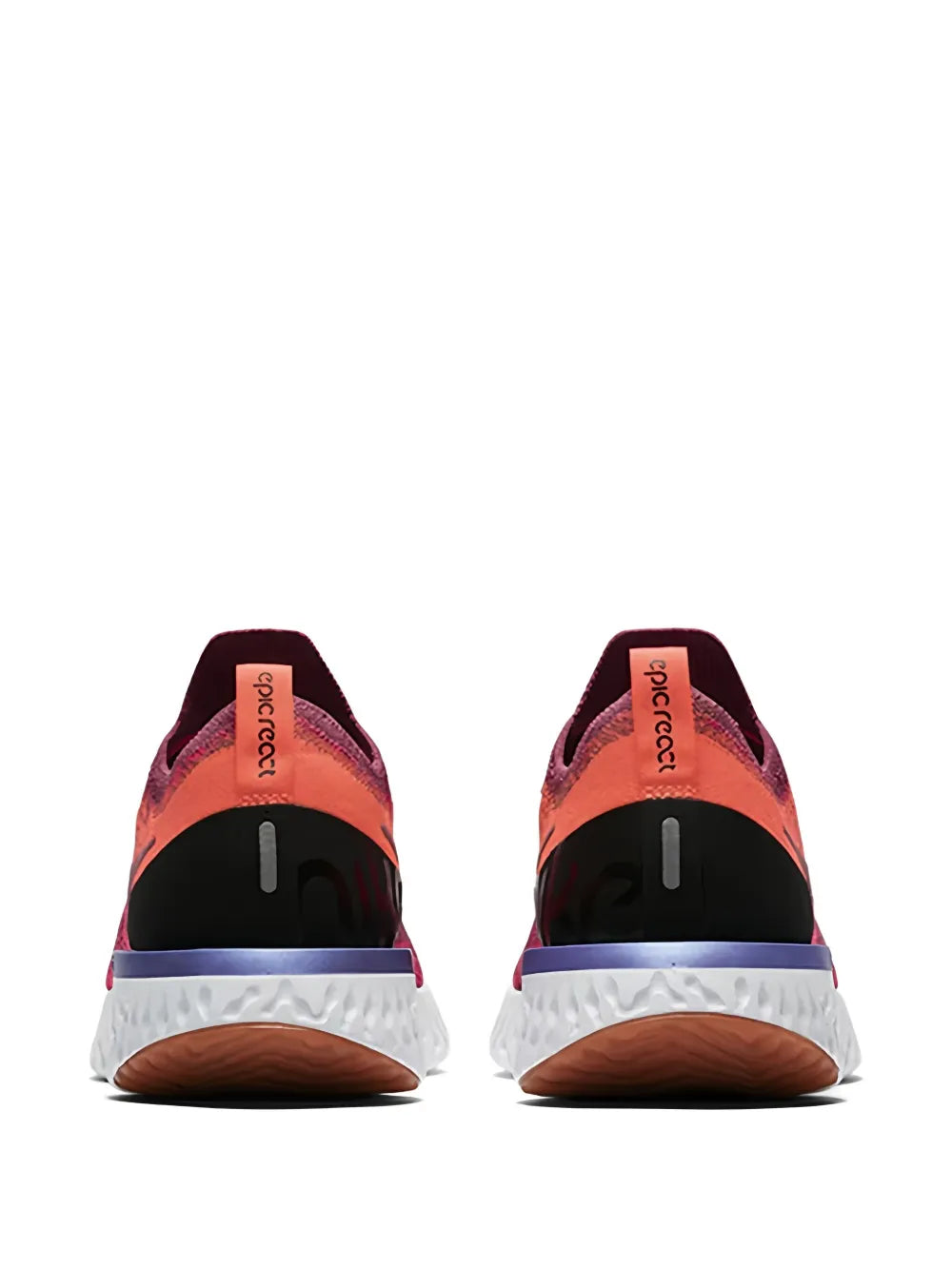 Red Nike React Flyknit running shoe heel and rear view, white React midsole