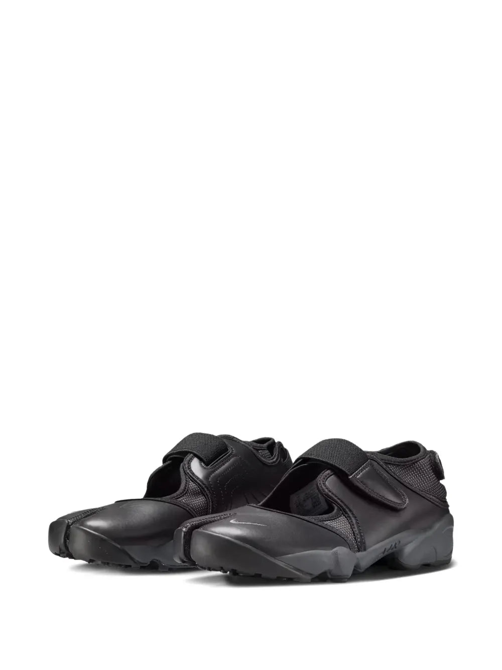 Nike black strap trainers, side and outsole view with adjustable straps