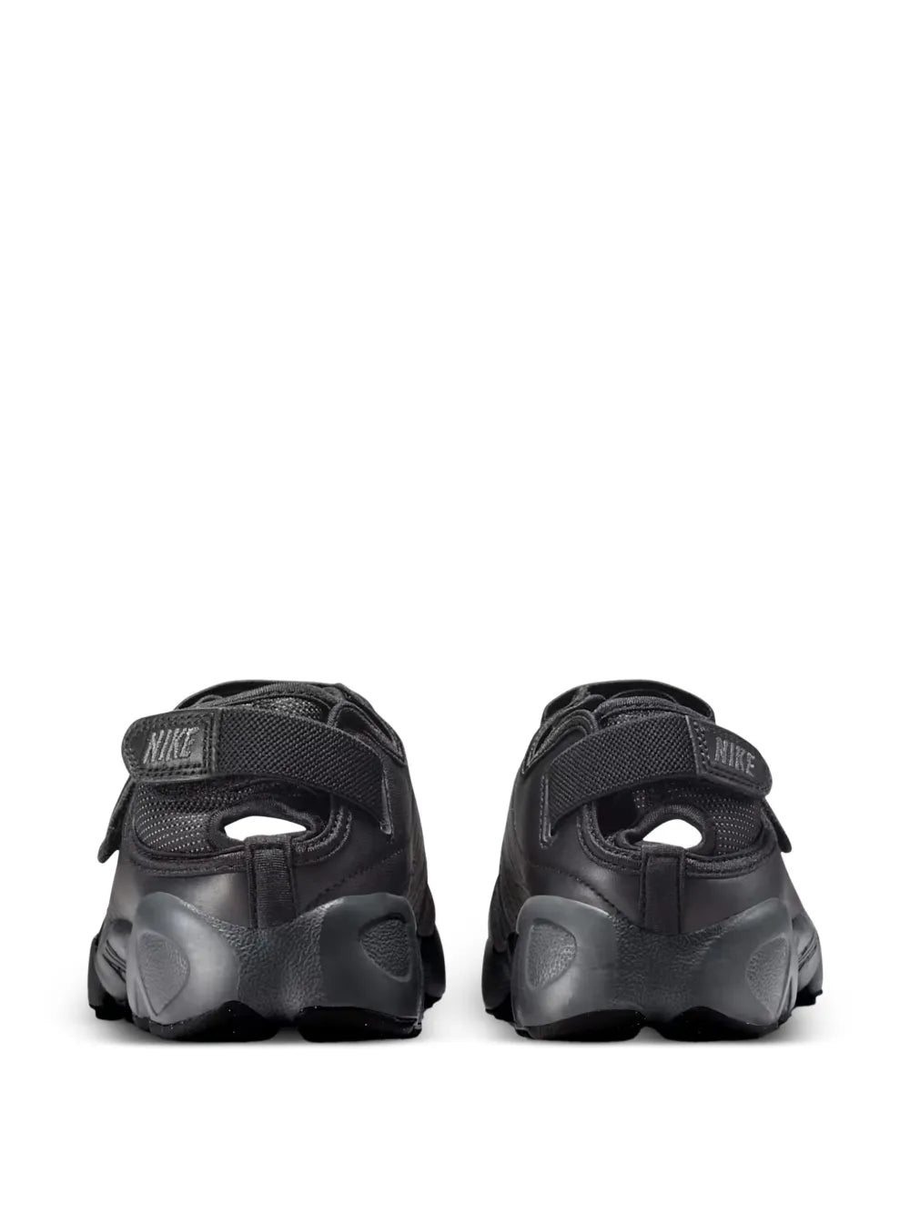Nike black strap trainers, heel and rear view with Nike logo