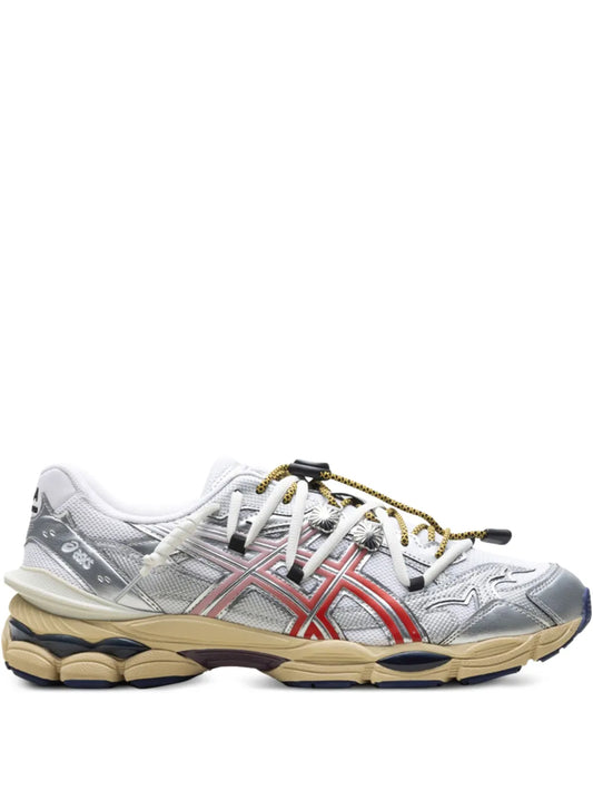 Men's Gel-Cumulus style running shoes in silver, white, and red with gold laces