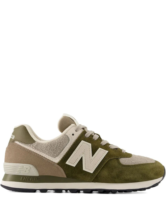 New Balance 574 lace-up suede-panelled sneaker in beige and olive with N logo