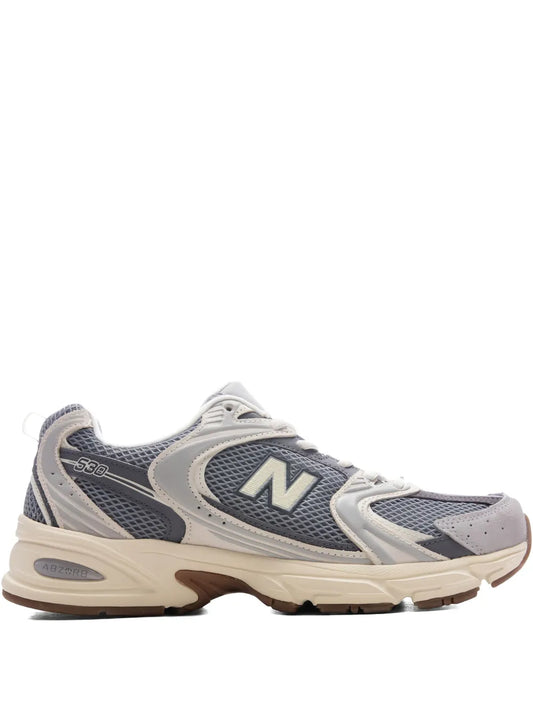 New Balance 530 grey and dark sneakers, mesh panels, N logo, lace-up