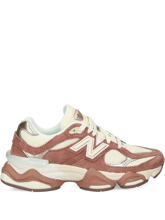New Balance 9060 sneakers, brown and cream side view with chunky sole