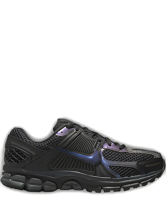 Nike Vomero 5 running shoe, black mesh upper with purple accents and blue swoosh