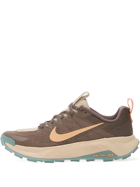 Nike trail running shoes, brown mesh with tan swoosh and teal rubber outsole