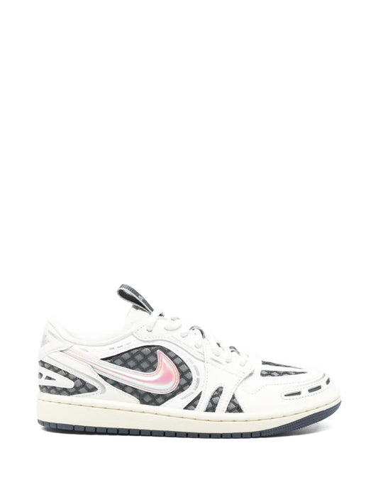 White low-top lace-up sneakers with Nike swoosh, gray panels, and pink accents