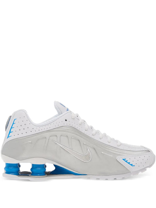 Nike Shox R4 perforated sneakers, white leather with blue accents and Nike logo