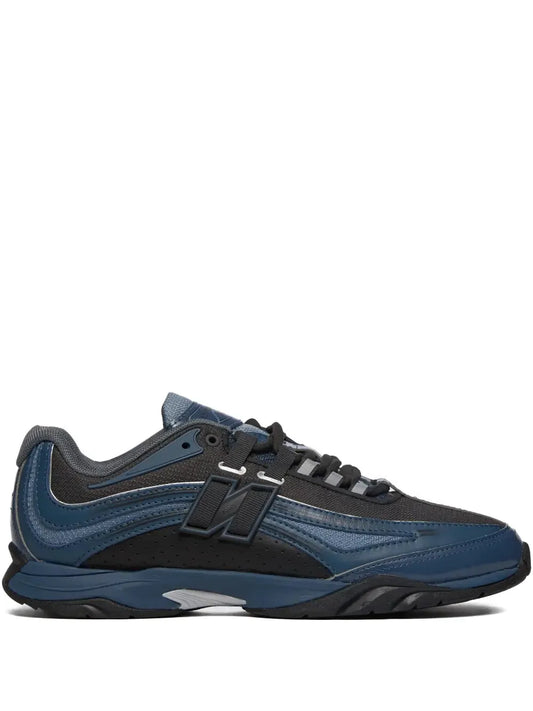 New Balance blue and dark gray low-top sneakers with lace-up front
