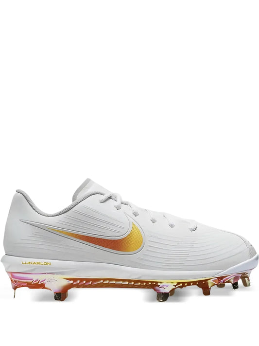 White Nike Lunar Hyperdiamond 3 Pro soccer cleats, gold swoosh, orange stud sole