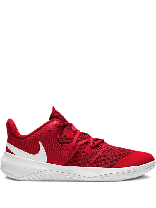 Red court trainer with white sole, Nike Swoosh, lace-up mesh upper