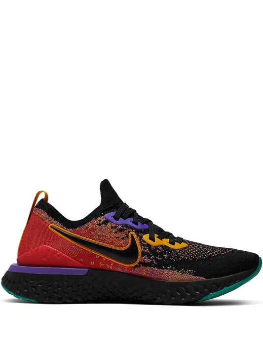 Black Nike Epic React Flyknit 2 running shoes with orange swoosh, teal outsole, purple heel