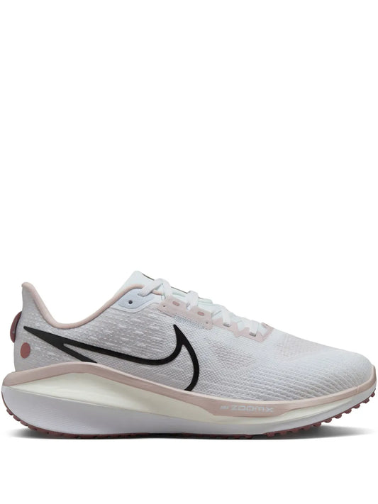 Nike Vomero 17 running shoes, white mesh with black swoosh and pink accents