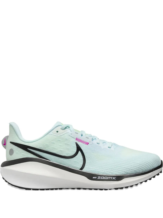 Nike Vomero 17 running shoe, light aqua knit upper with black swoosh and ZoomX sole