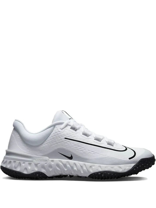 White Nike Alpha Huarache Elite 4 TF lace-up soccer shoe with black Swoosh