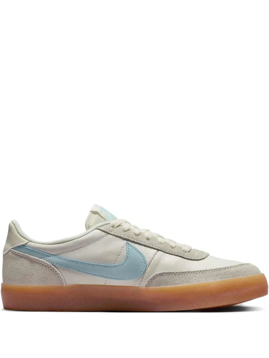 Nike suede sneaker, light gray with blue swoosh and gum rubber sole