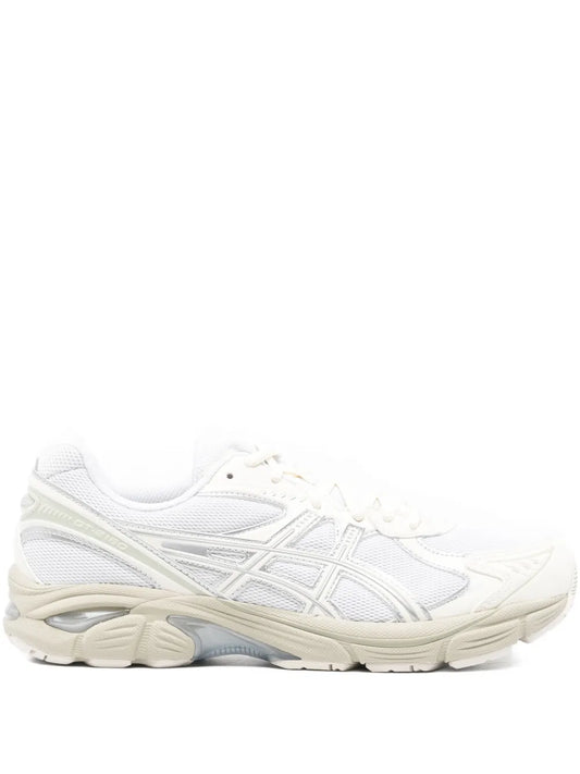 Panelled running shoes, white mesh upper with beige sole and light blue accents