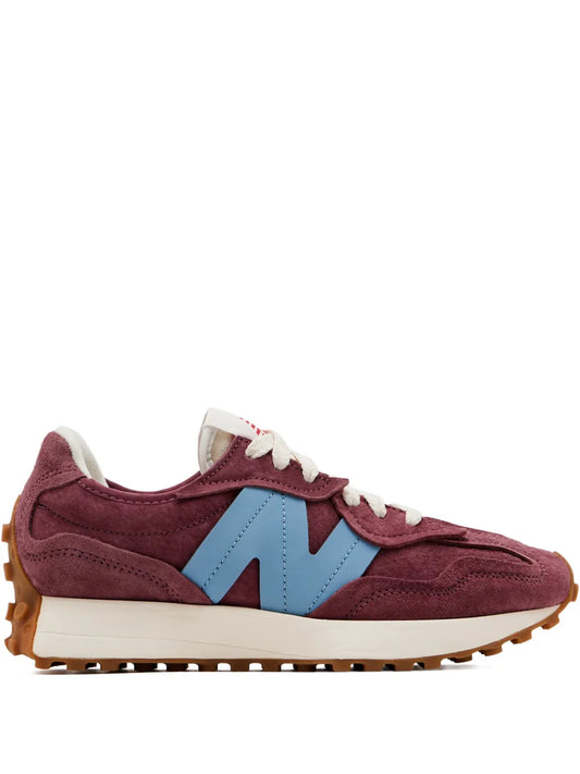 Burgundy New Balance 327 contrast-panel suede sneaker with white laces and blue side panel