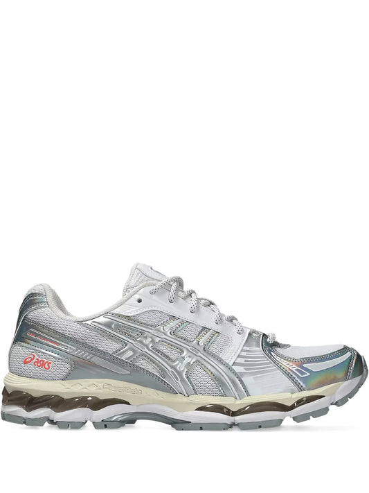 ASICS Gel-Kayano 12.1 running shoe in white mesh with silver-gray panels, lace-up