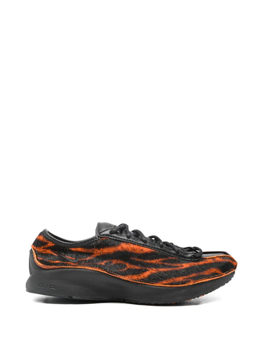 Nike tiger-stripe running shoe, black upper with orange tiger pattern and black laces