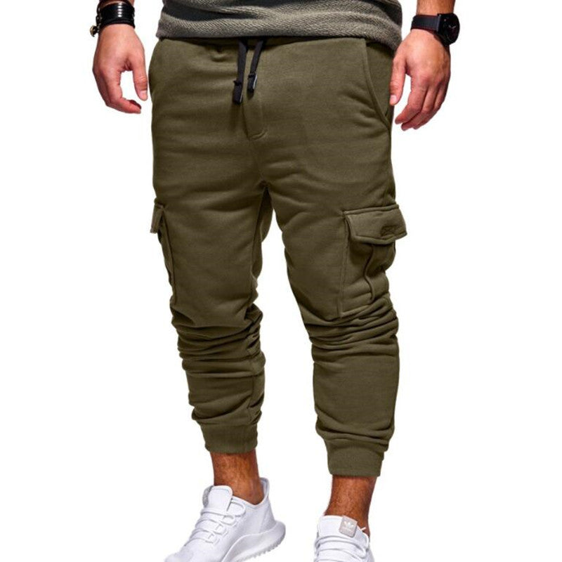 Men's cargo sweatpants, army green with drawstring, side cargo pockets, cuffed hems
