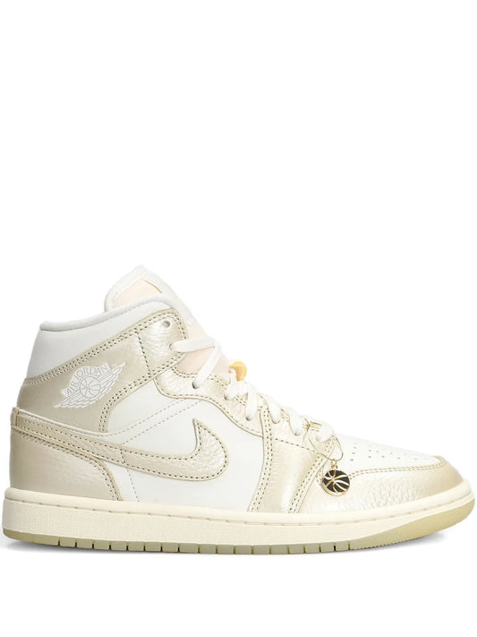 Nike Air Jordan 1 Mid SE mid-top sneaker, cream leather with beige overlays and laces