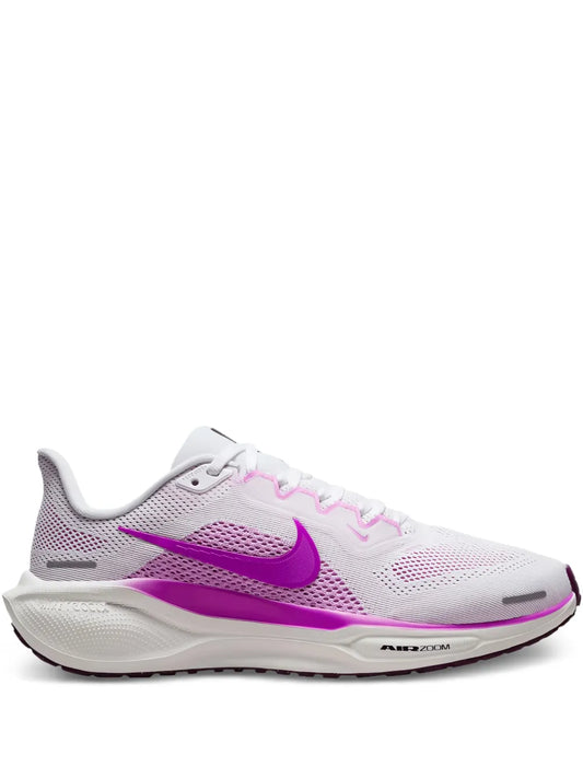 Nike Air Zoom running shoe, white mesh with purple swoosh and laces