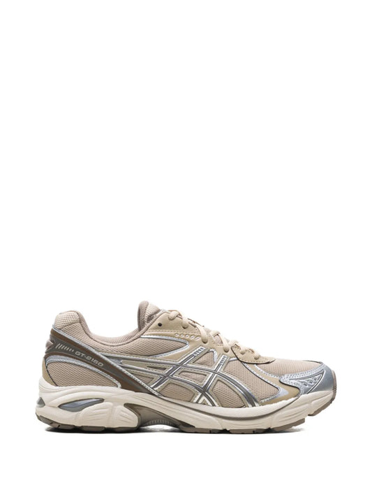 Beige and gray lace-up running sneakers with padded collar and chunky sole