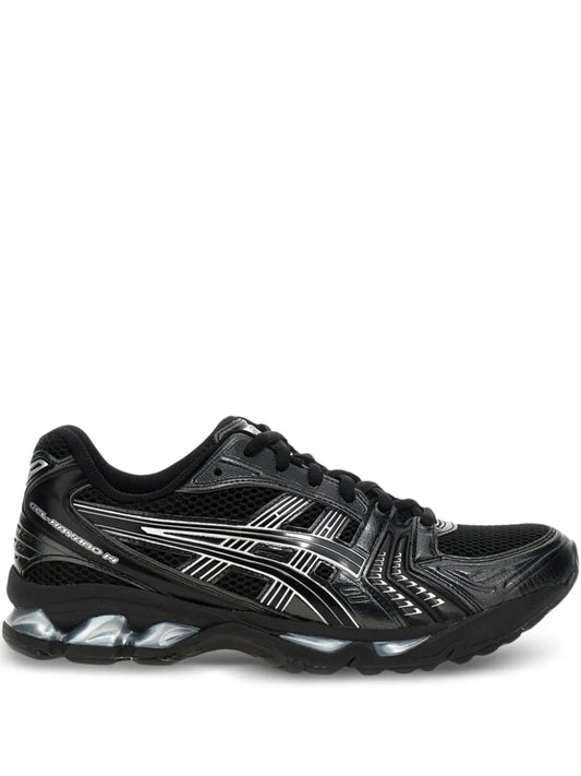 Black ASICS lace-up athletic sneaker with silver stripes and GEL branding