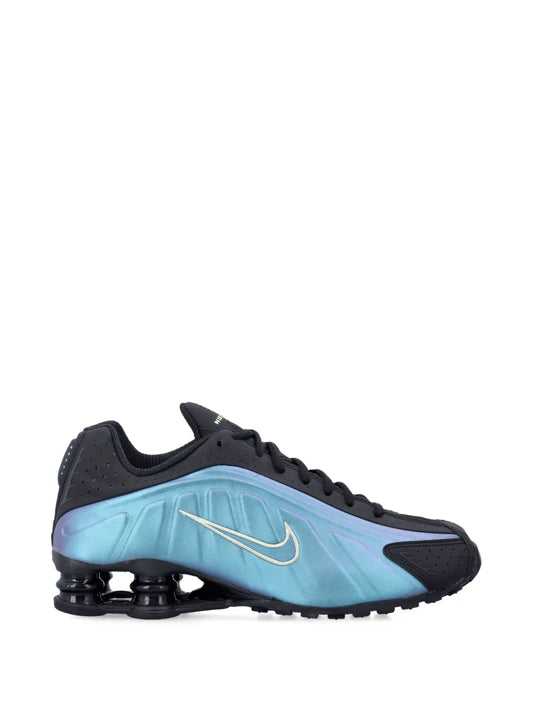 Nike Shox R4 perforated-detail sneaker, black & light-blue with gold Swoosh