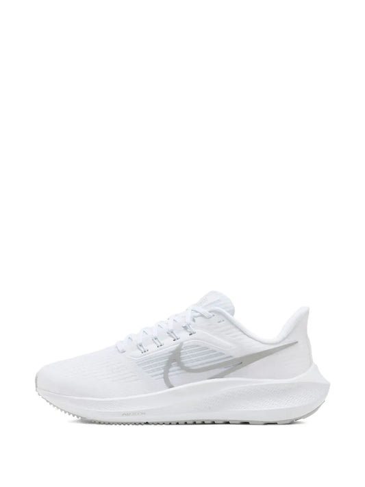 White Nike running shoe with Air Zoom logo detail, side profile