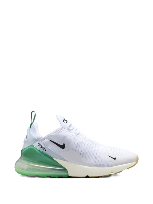 Nike Air Max 270 sneakers with white mesh upper, green air sole, swoosh logo detail