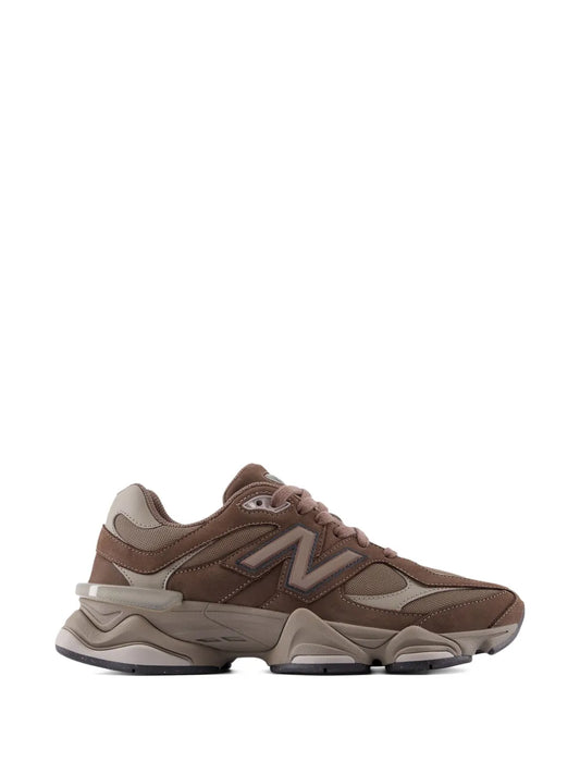 Brown lace-up New Balance 9060 sneakers with N logo and chunky sole