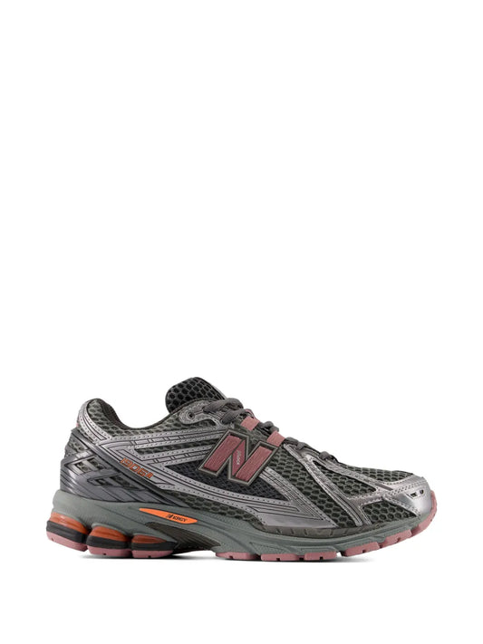 Men's New Balance U1906R running sneaker, gray with maroon N logo and orange accents