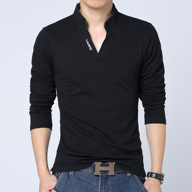 Men's long-sleeve V-neck T-shirt in black, with short button placket