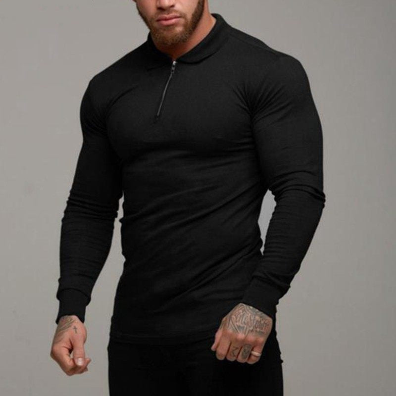 Men's long-sleeve polo shirt in black with zip placket and short collar