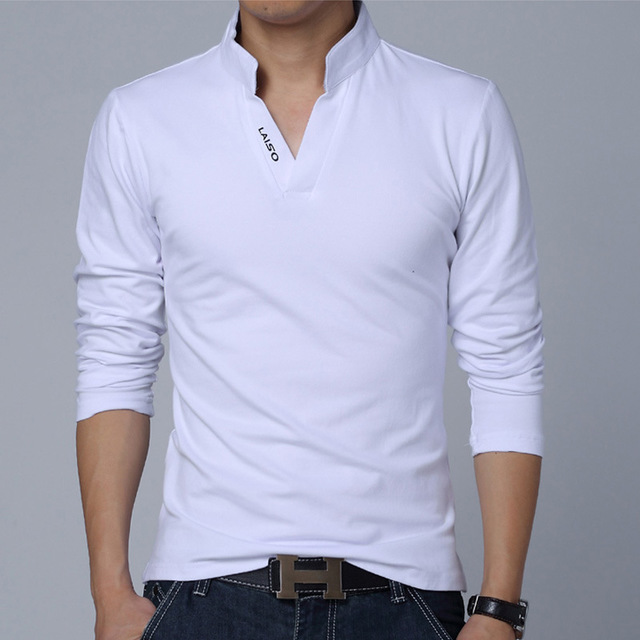 Men's long-sleeve V-neck T-shirt in white, with short button placket