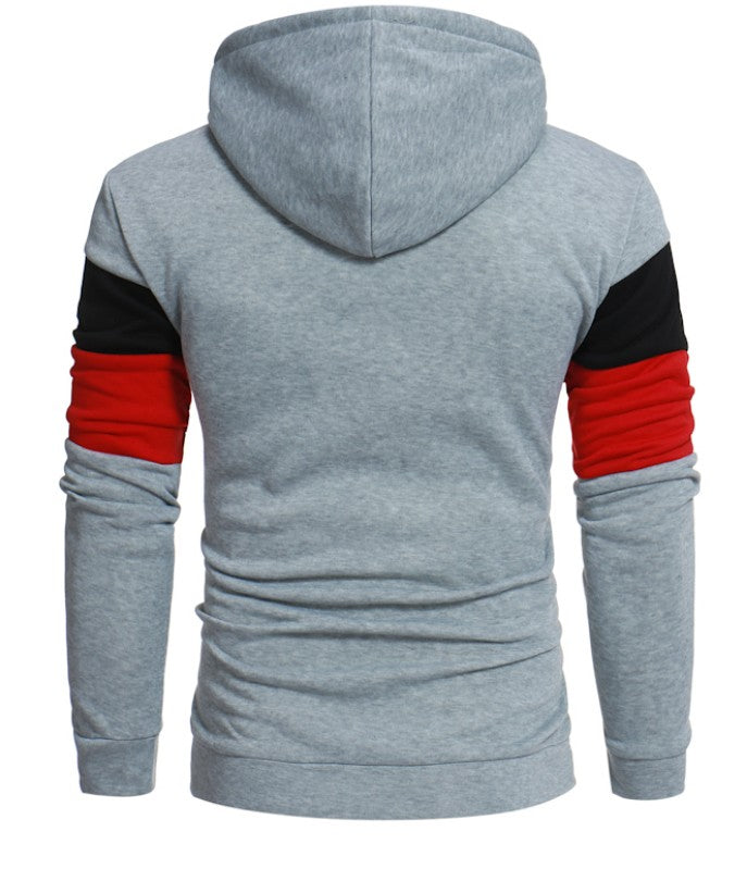 Color-block men’s hooded sweatshirt, heather gray with black and red sleeve stripes