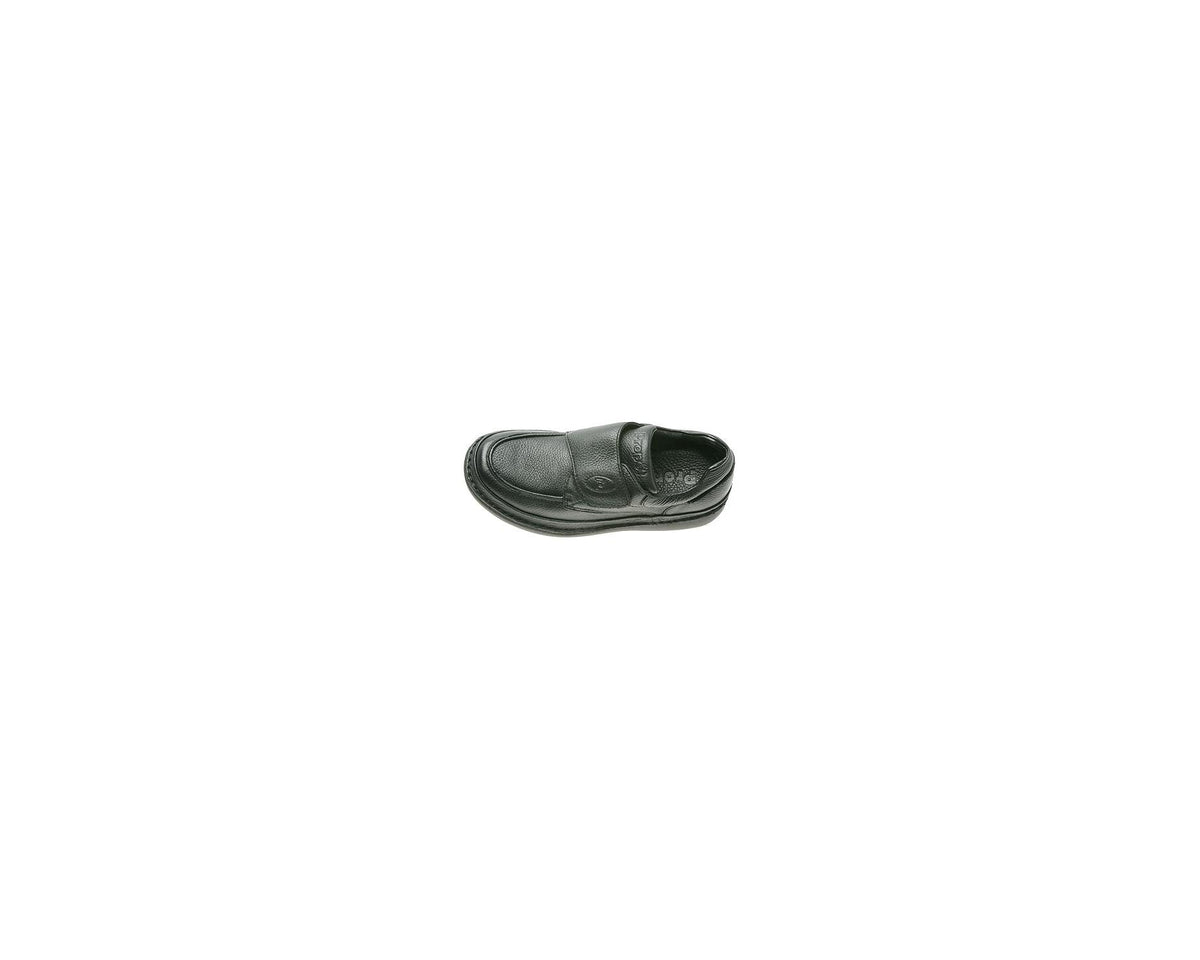 Men's black grain strap casual shoe, side profile with cushioned sole