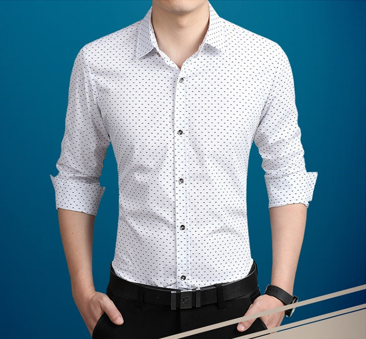 Men's white dotted dress shirt, button placket and button-down collar, 3/4 sleeves