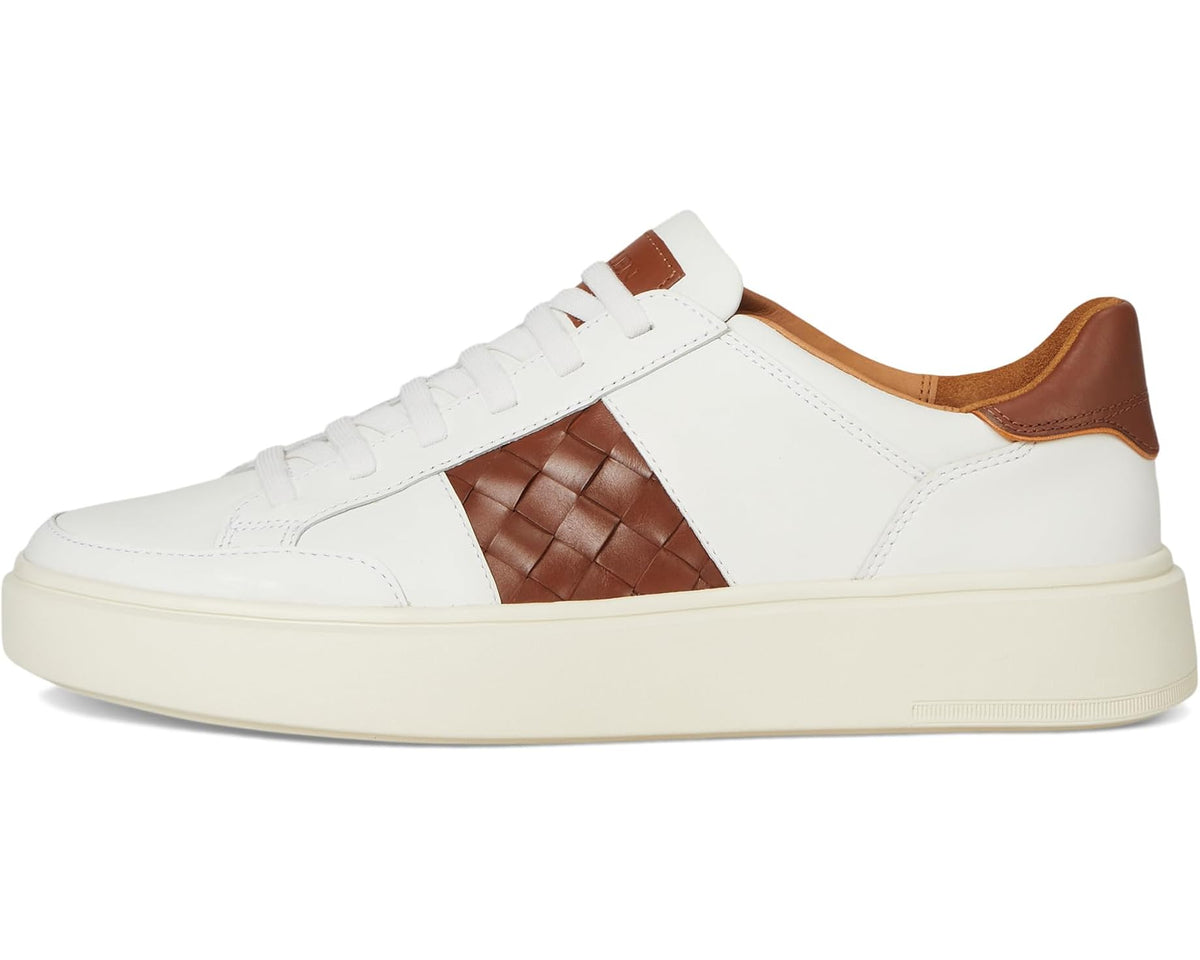 Men's white lace-up sneakers with brown woven leather panel and tan collar trim
