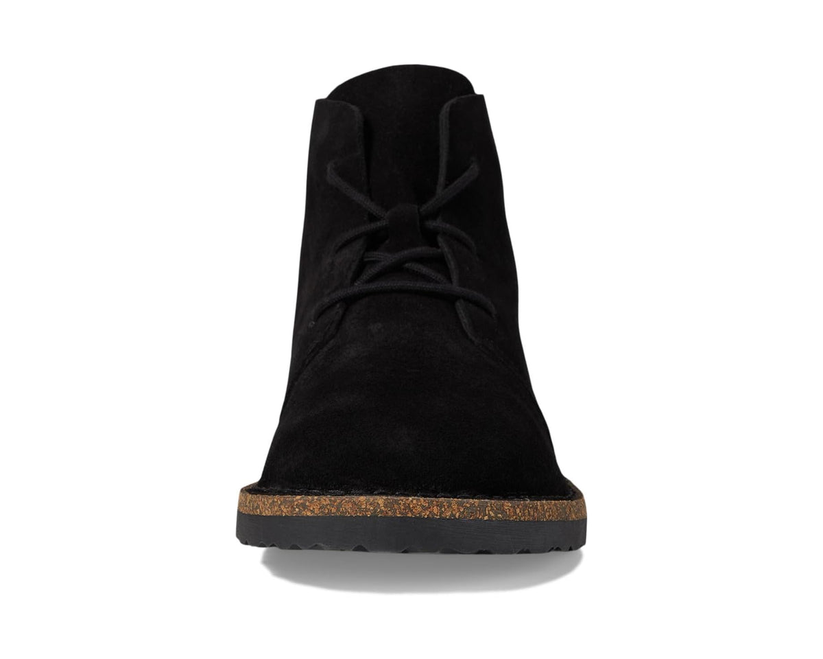 Black suede mid lace-up boots, side view with lace-up collar