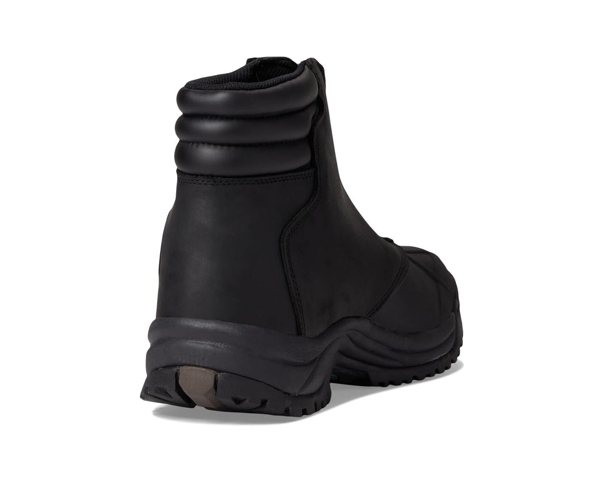 Men's Propet black mid-zip boot, rear three-quarter view with cushioned collar