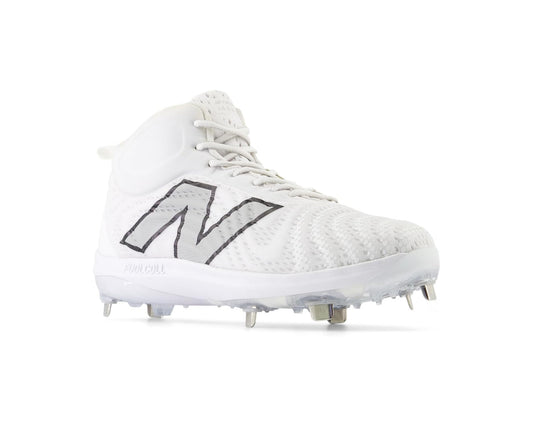 New Balance FuelCell mid baseball cleat in optic white with metal stud spikes