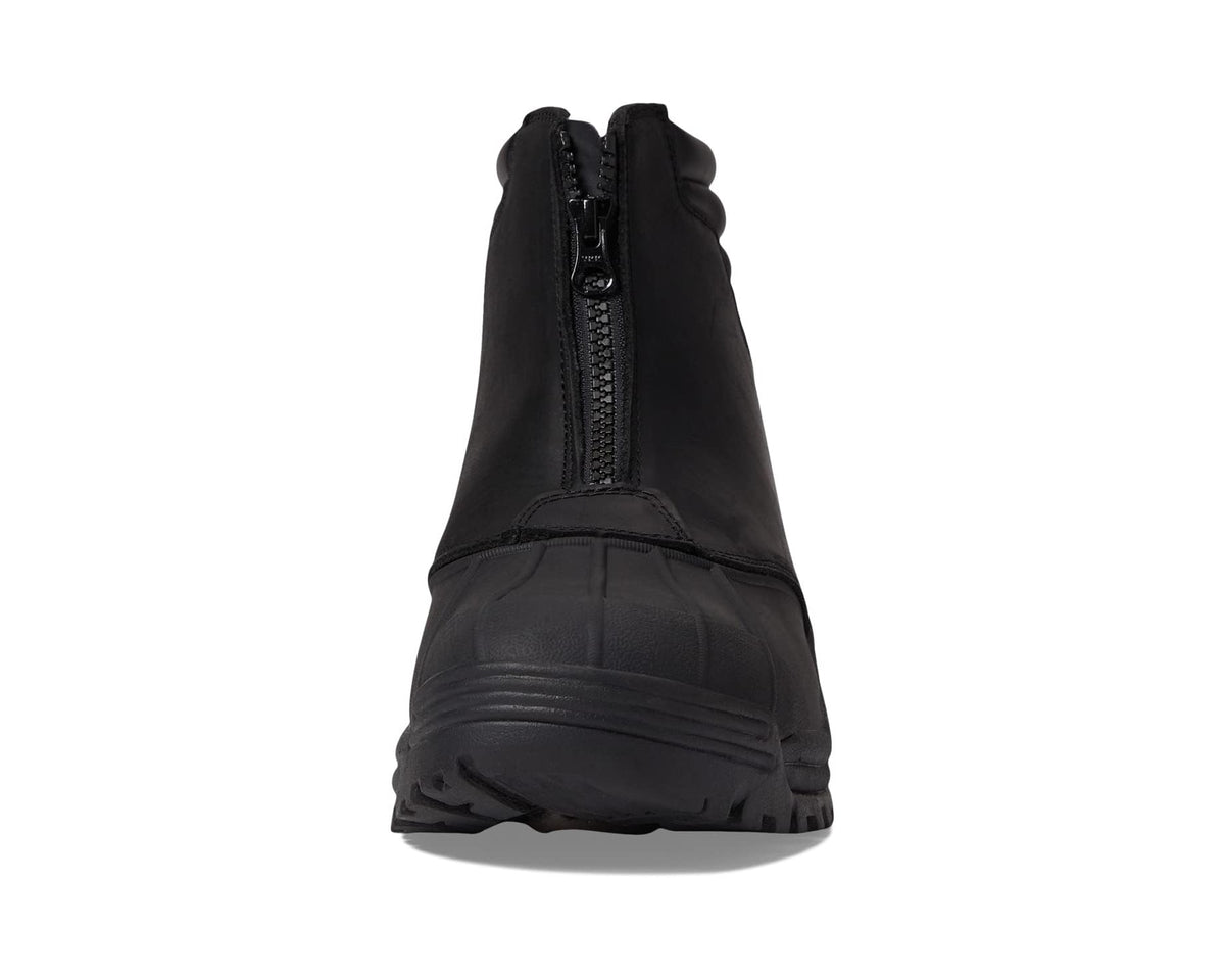 Men's Propet black mid-zip boot, back view with ribbed tread and pull-strap