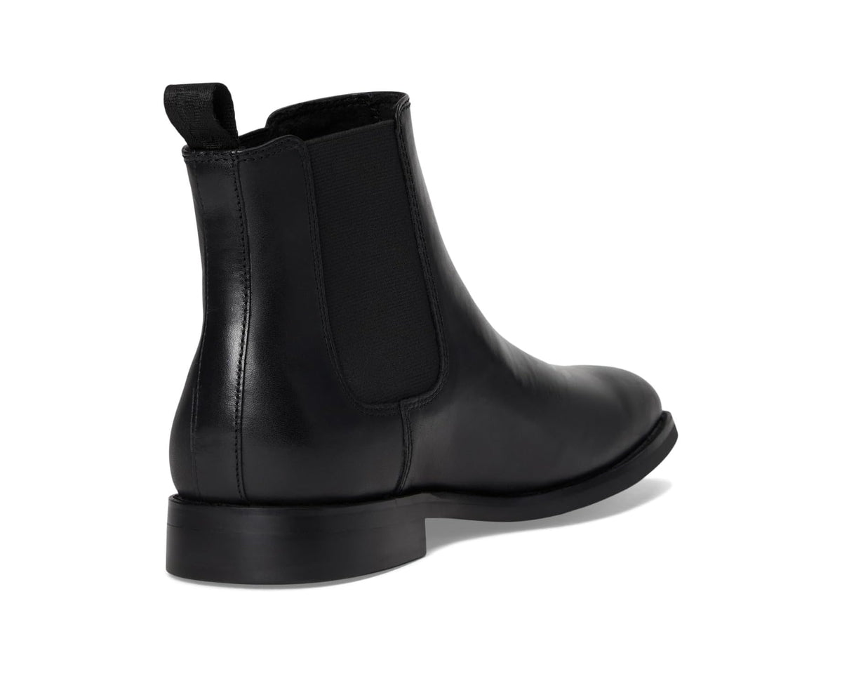 Men's black leather chelsea boot heel and back view with elastic gore