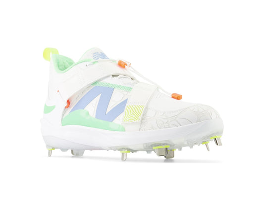 Men's New Balance baseball cleat, white upper with blue logo, green accents, metal studs