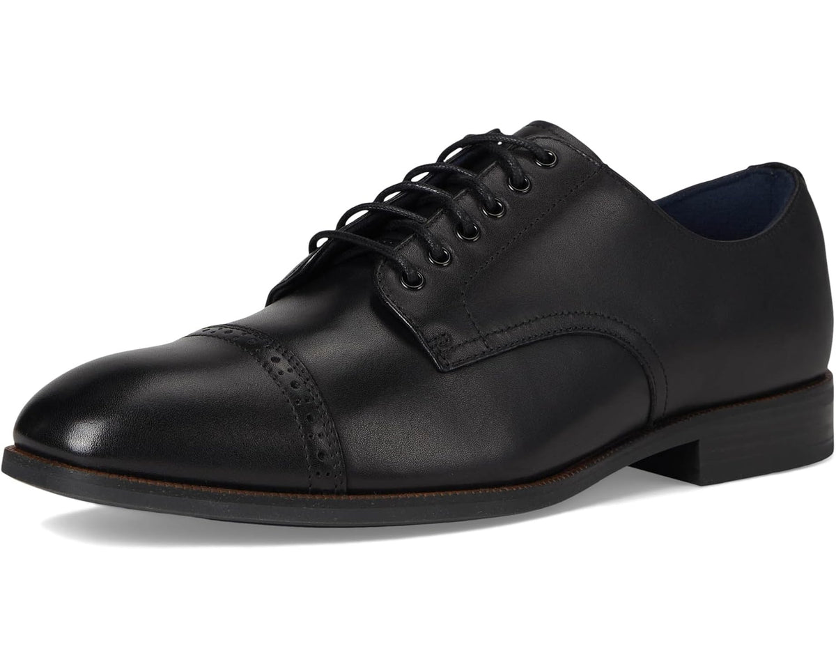 Black cap-toe lace-up dress shoes with lace-up front and low block heel.