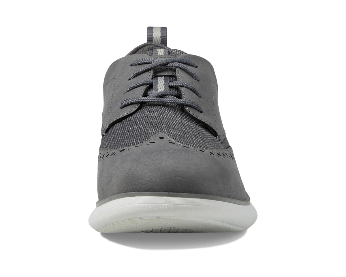 Gray lace-up sneaker front view with knit tongue and low-profile white sole