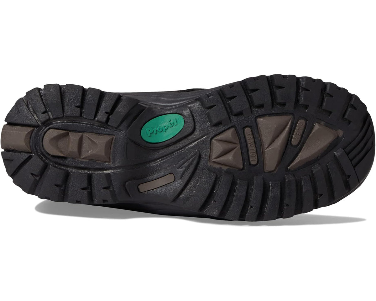 Men's Propet black boot outsole with deep lug tread and green logo detail